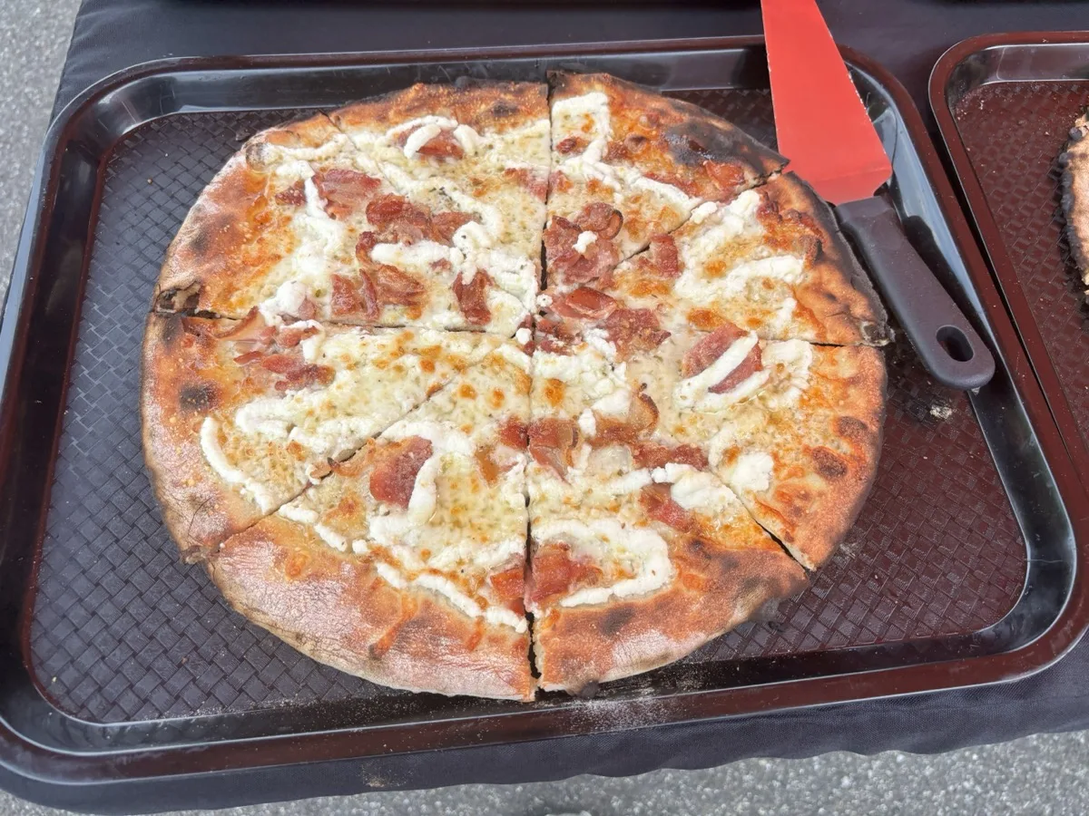 Bacon and ricotta white apizza from Guilford CT mobile pizza catering