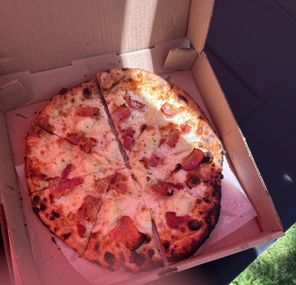 Bacon white apizza with blistered wood fired crust from Rollin Dough in Guilford CT