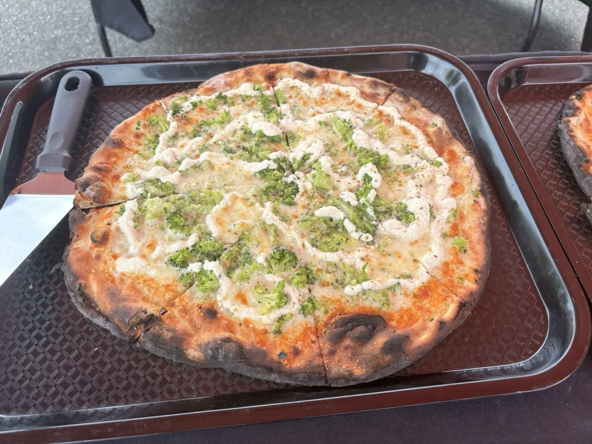 Broccoli white apizza with ricotta from Rollin Dough wood fired pizza trailer Connecticut