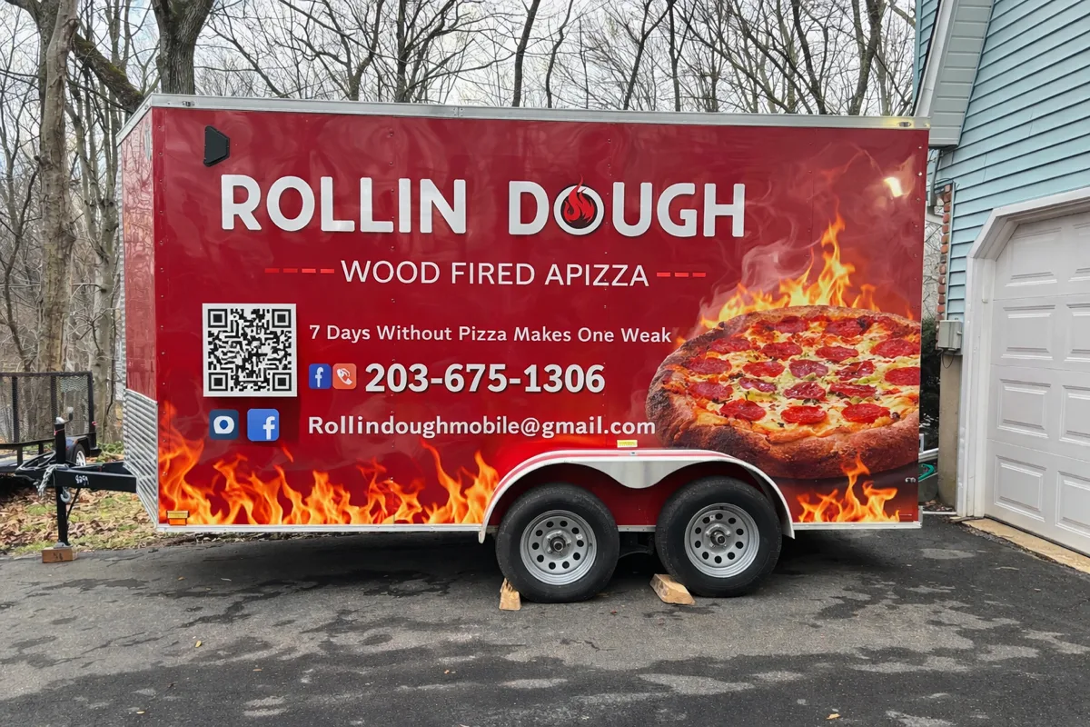Rollin Dough wood fired apizza trailer in Guilford CT