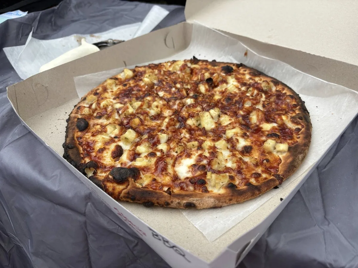 White clam pizza from Rollin Dough wood fired pizza trailer Connecticut